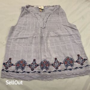 Knox Rose Women's M Gray Embroidered Sleeveless Floral Blouse Boho Top